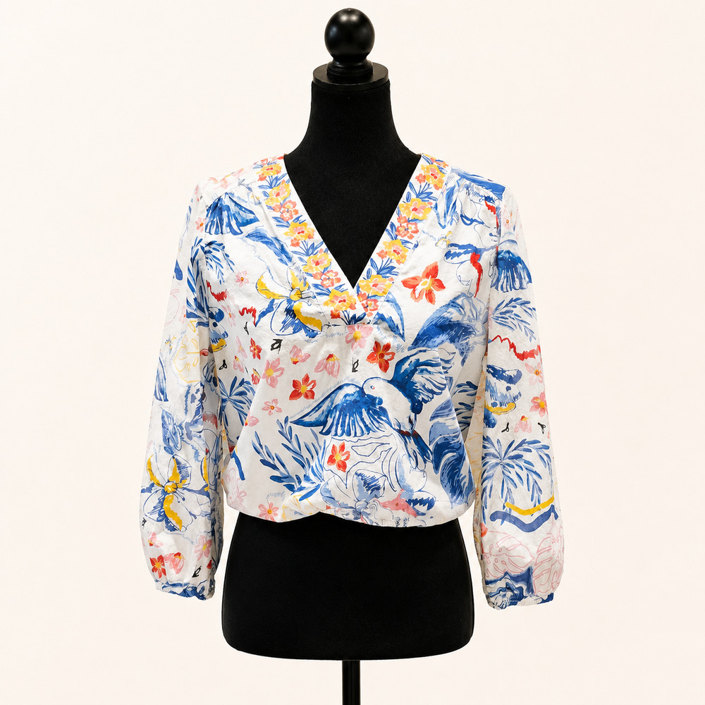 Rachel Zoe M Tropical Bird Floral Crop Top Coastal Resort Boho Cotton Blouse